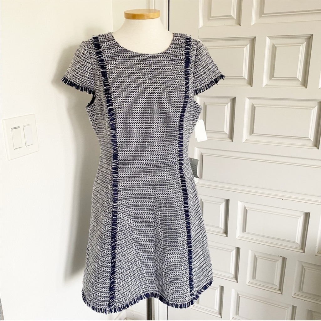 Nwt Eliza J Tweed Dress Blue White Silver Fringe Chic Classic Pockets Size 12